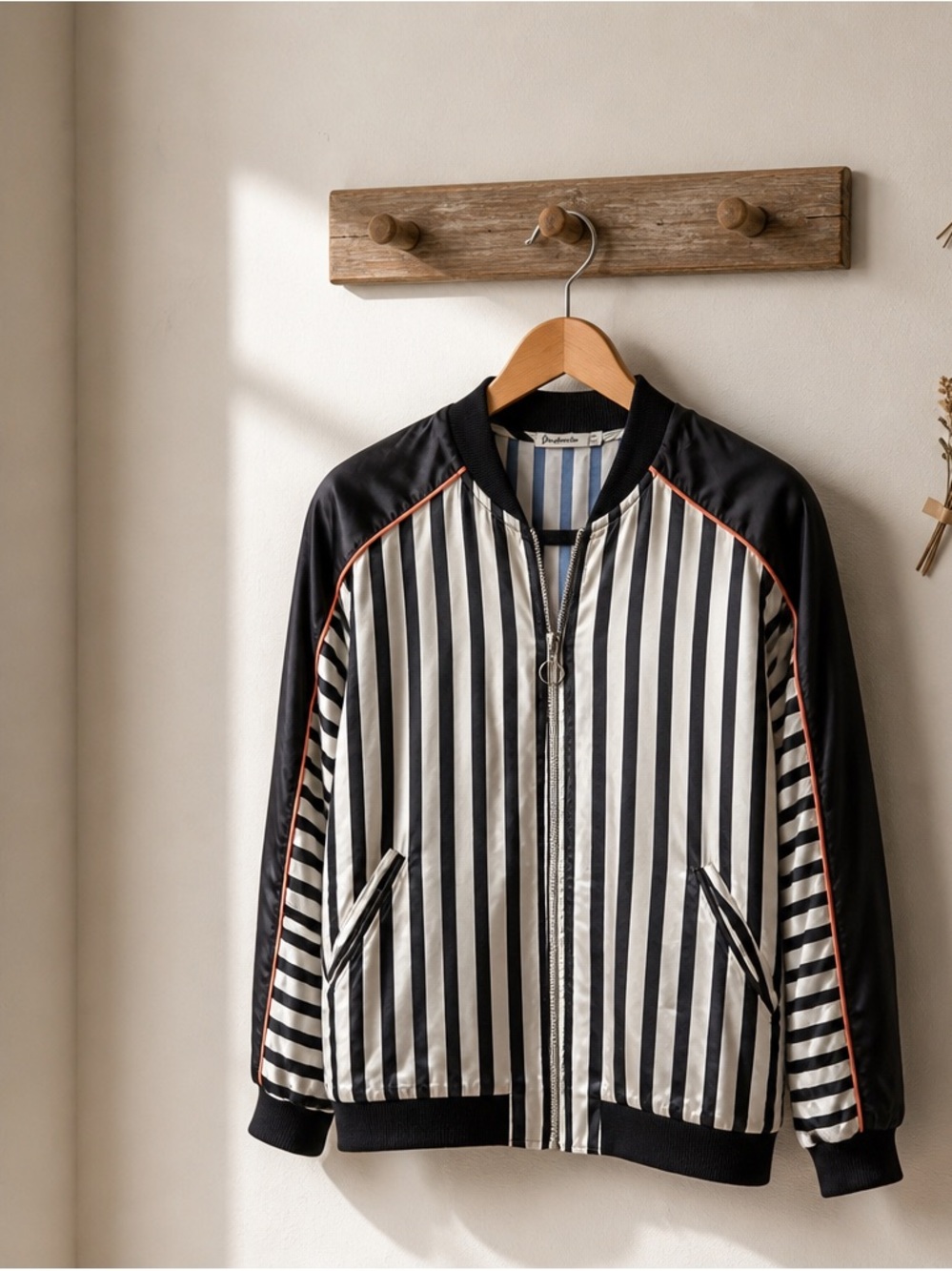 stradivarius Black and White Striped Bomber Jacket with Orange Piping